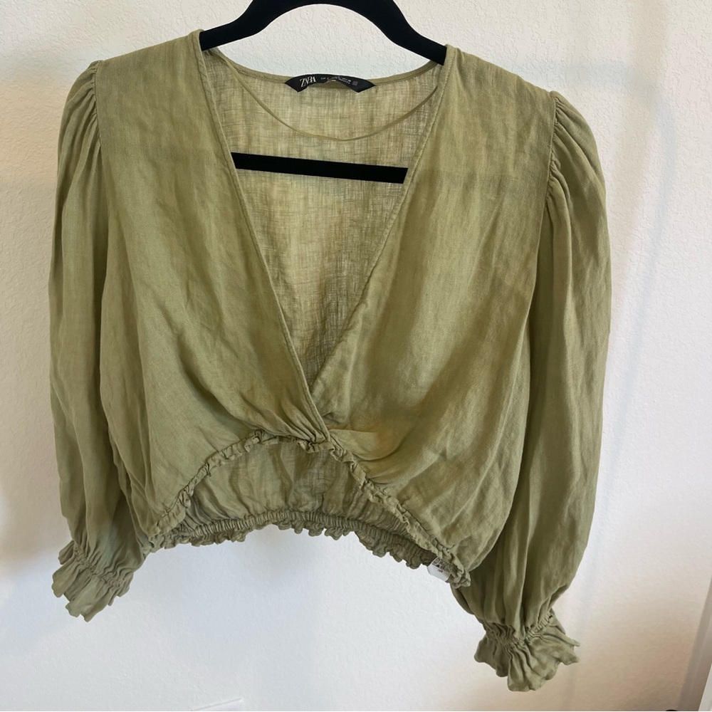 Zara 100% linen olive green crop long sleeve - Picture 2 of 4
